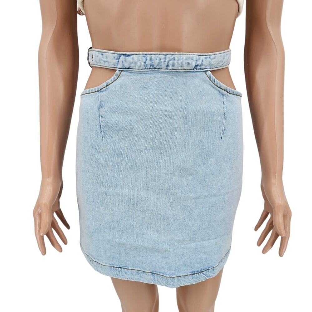 Revolve Weworewhat Womans size L Cut Out Denim Jean Skirt Indigo Light Wash NEW